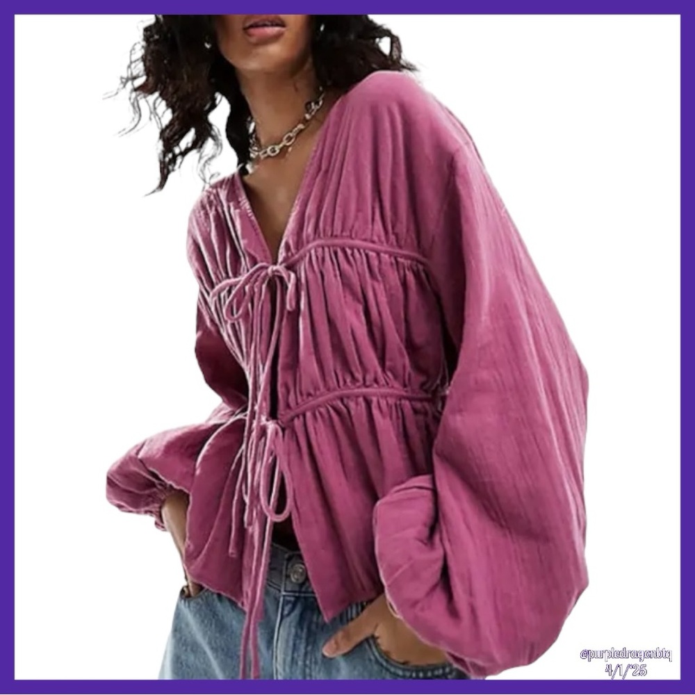 Women’s Pink Peasant Tie-Front Blouse